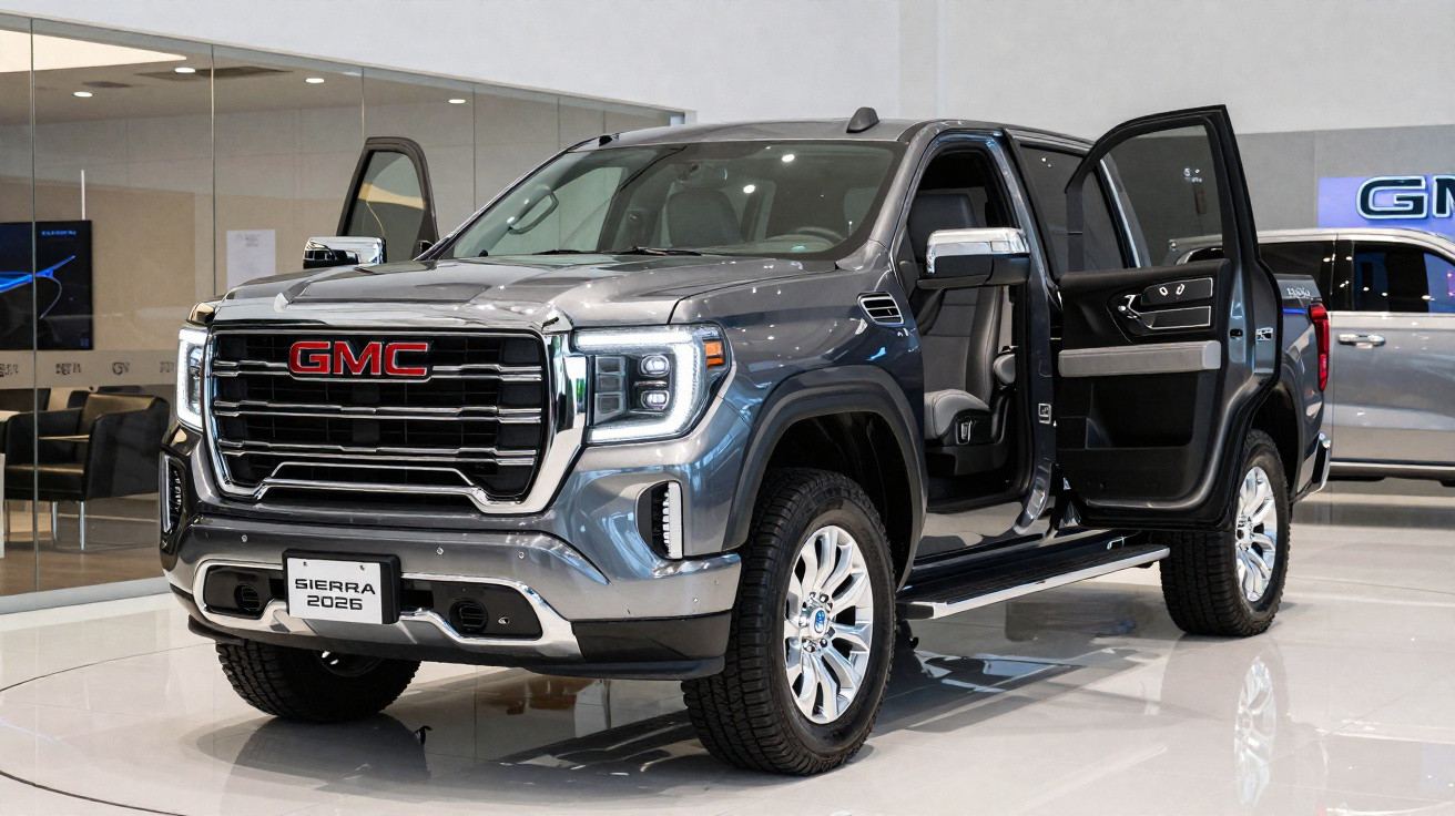 Pick-up GMC Sierra 2026 cinzenta exibida numa sala de exposição com portas abertas.