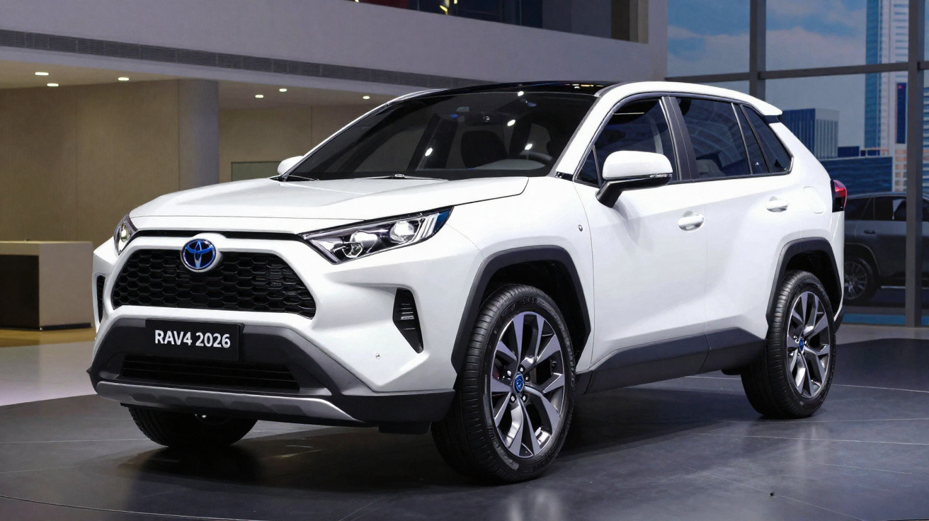 Toyota RAV4 branco modelo 2026 em exposição numa sala moderna com janelas grandes e cidade ao fundo.