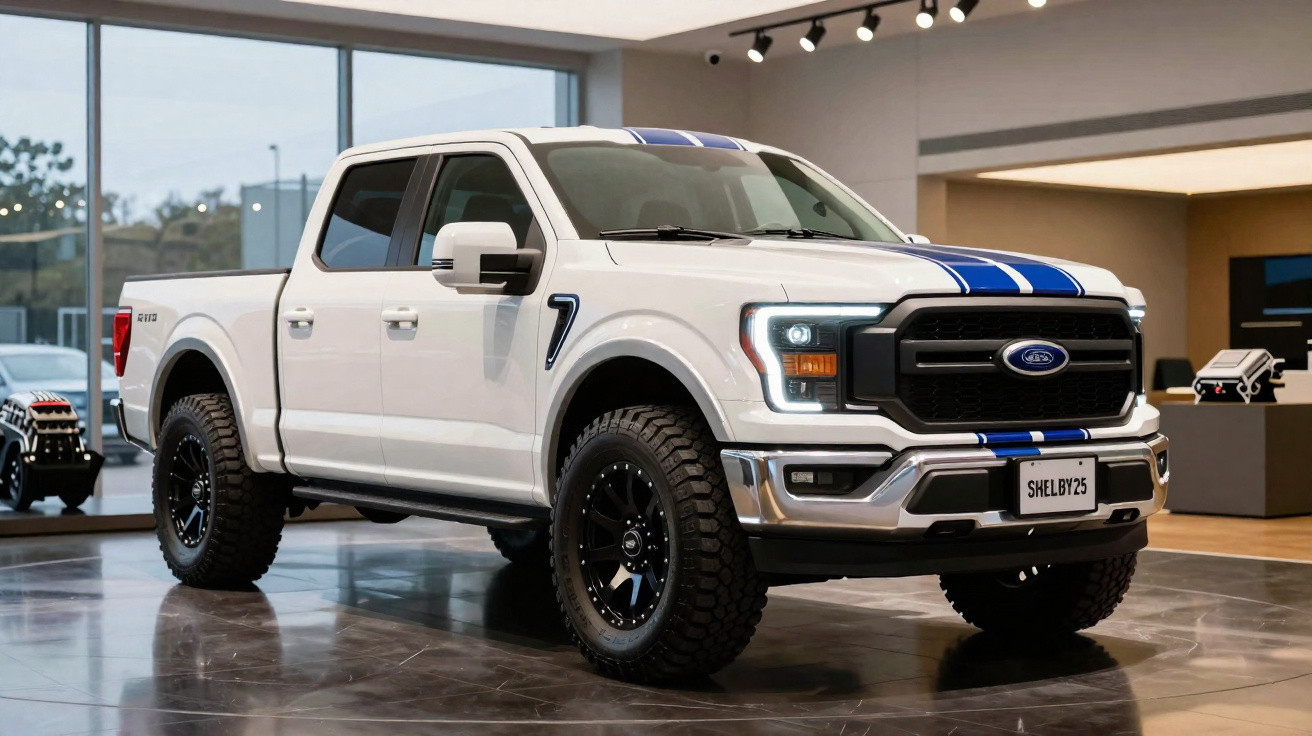 Pick-up Ford branca com linhas azuis, pneus robustos e grelha preta exposta numa exposição interior.