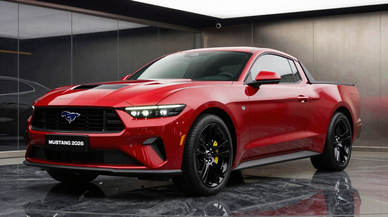 Carro desportivo Mustang 2026 vermelho com jantes pretas numa garagem moderna.