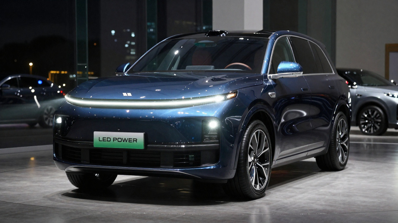 SUV elétrico azul com luzes LED acesas em exposição interior durante a noite.
