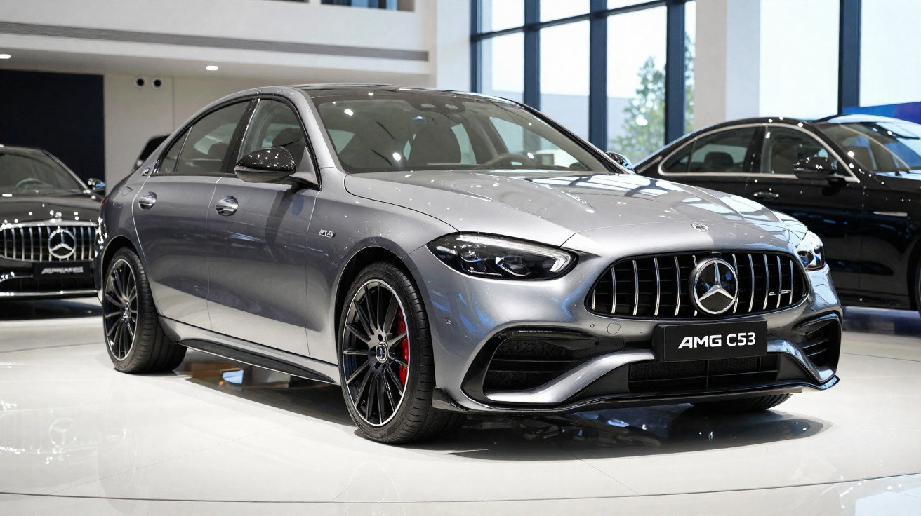 Mercedes-Benz AMG C53 cinzento em exposição numa sala com piso branco e janelas grandes.