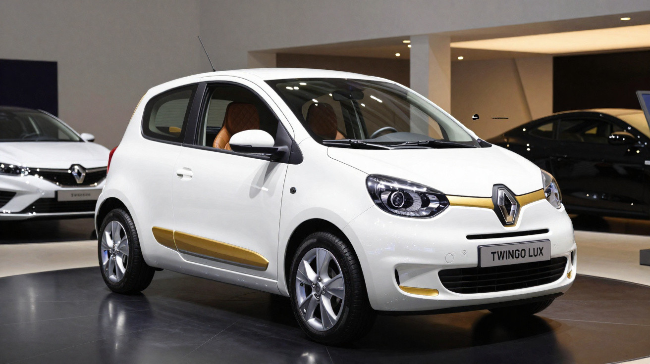 Carro Honda Twingo Lux branco com detalhes dourados exposto numa sala de carros moderna.