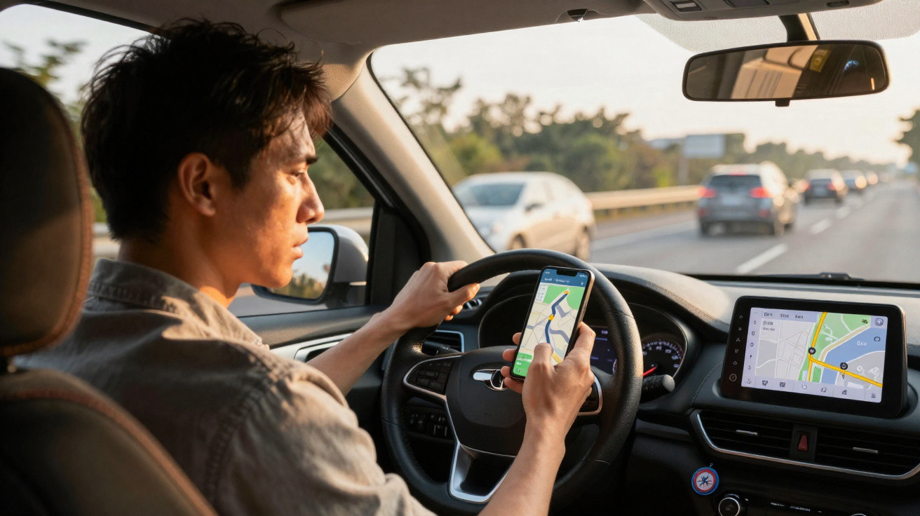 Homem dentro do carro a conduzir enquanto usa um smartphone com aplicação de navegação.