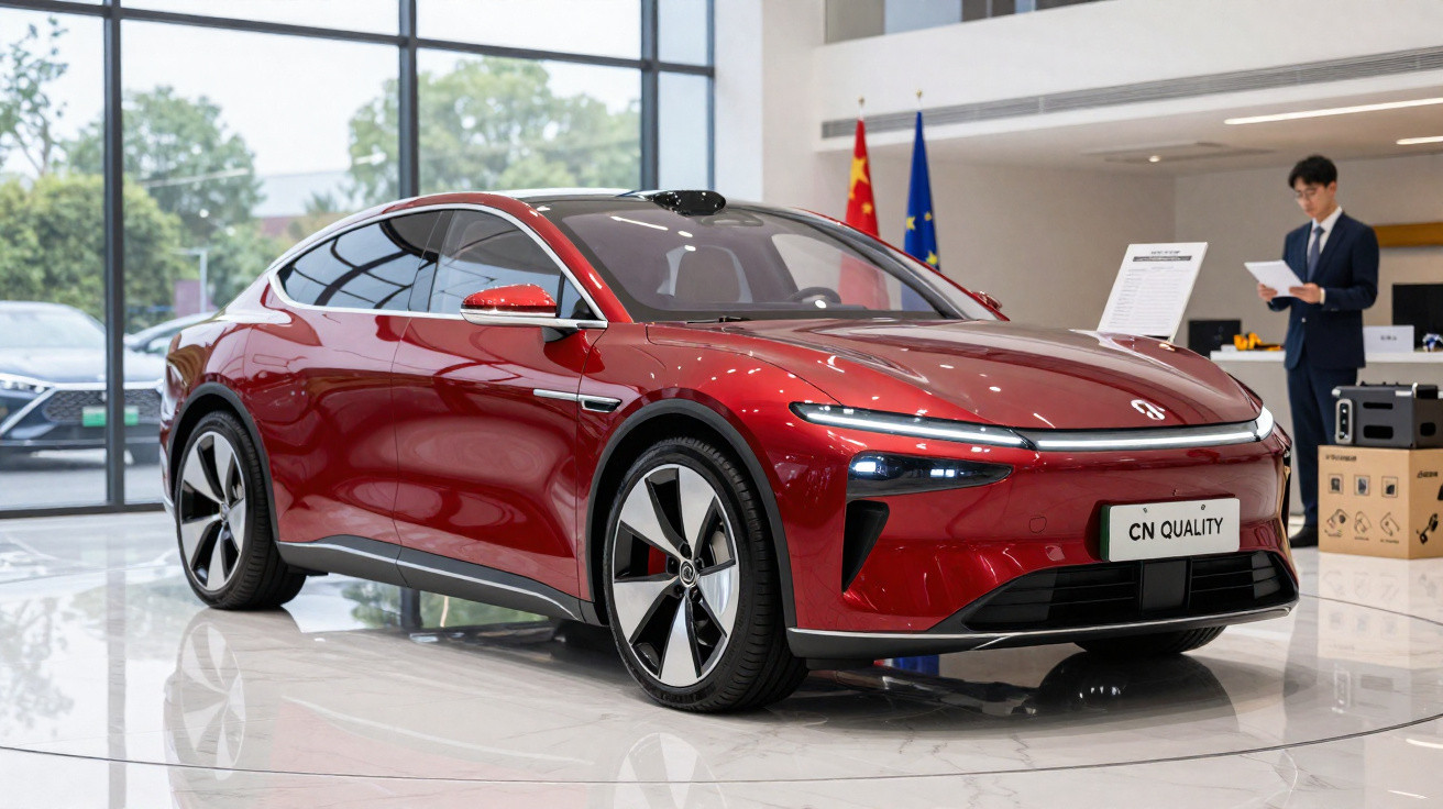 Carro eléctrico vermelho em exposição numa sala com janelas grandes e duas bandeiras ao fundo.