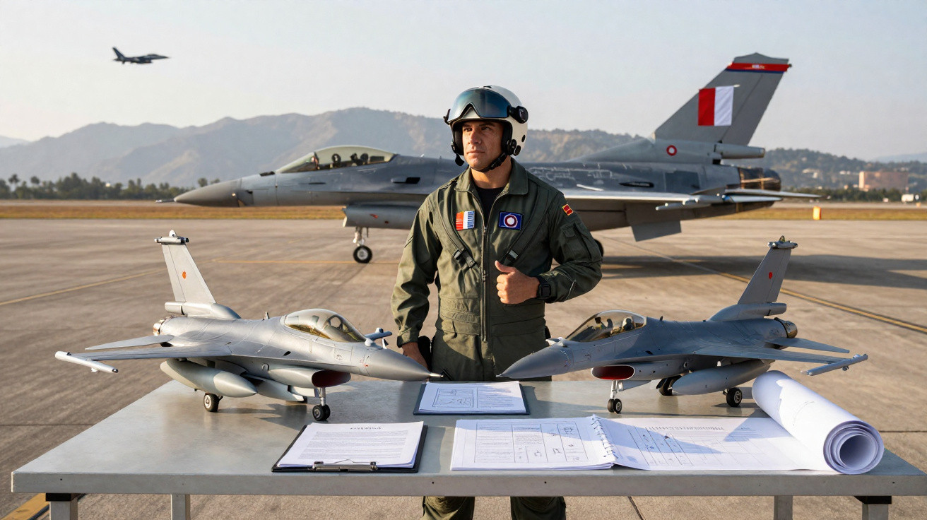 Piloto militar em fato de voo com capacete, de pé junto a mesa com maquetes de aviões e documentos, pista de aterragem ao fun