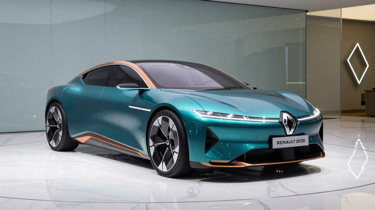 Automóvel elétrico futurista Renault 2030 verde e laranja num salão automóvel moderno e iluminado.