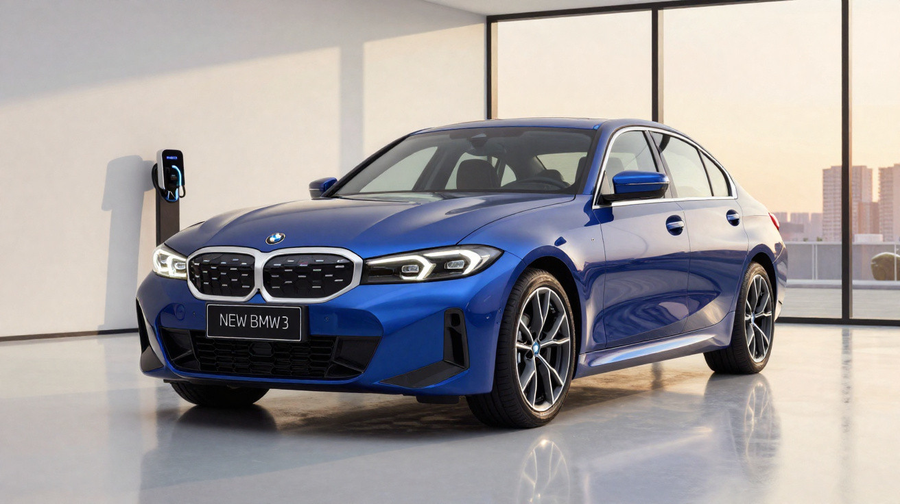Carro BMW 3 azul elétrico estacionado em garagem moderna com carregador na parede ao fundo.