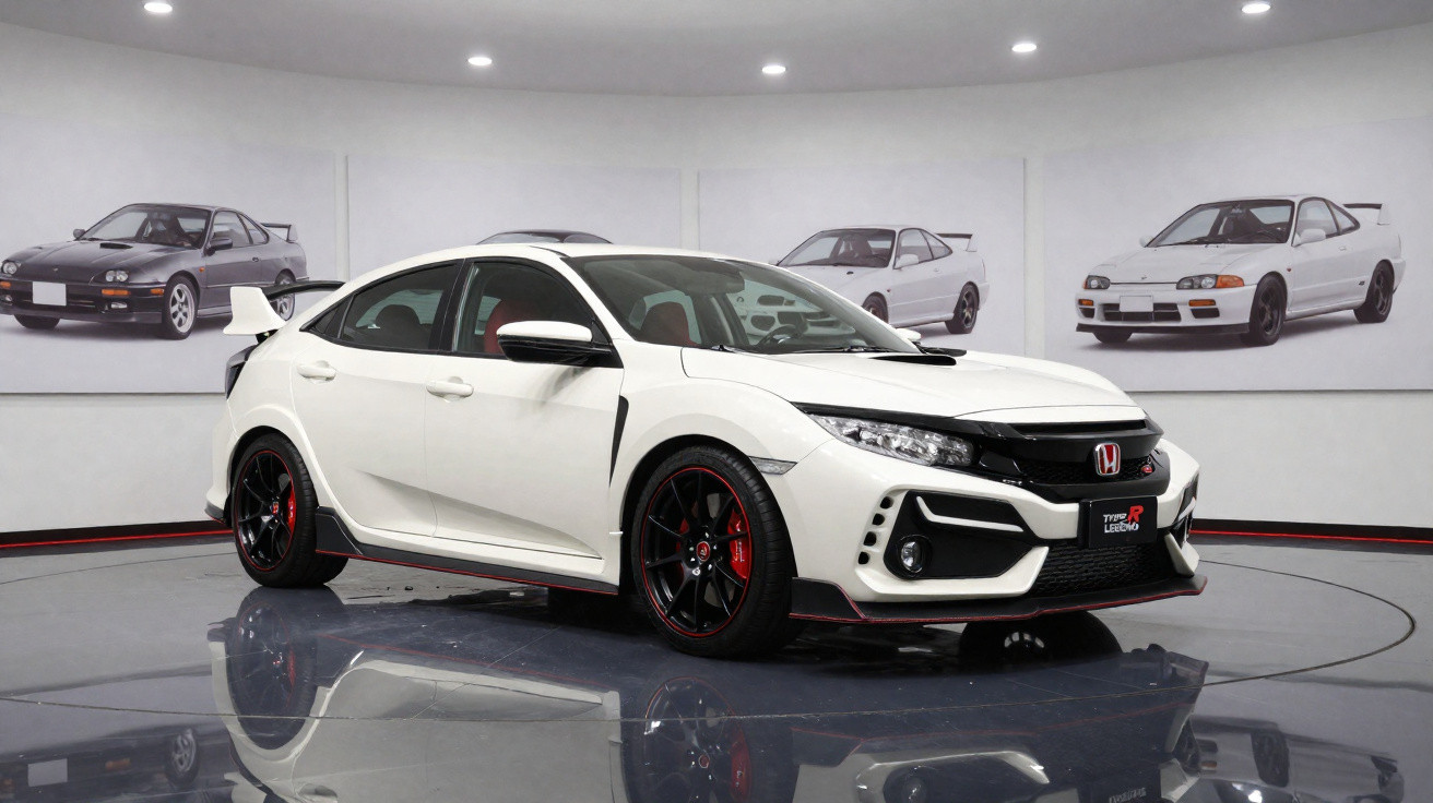 Carro desportivo Honda Civic Type R branco em exposição com quadros de carros antigos na parede.