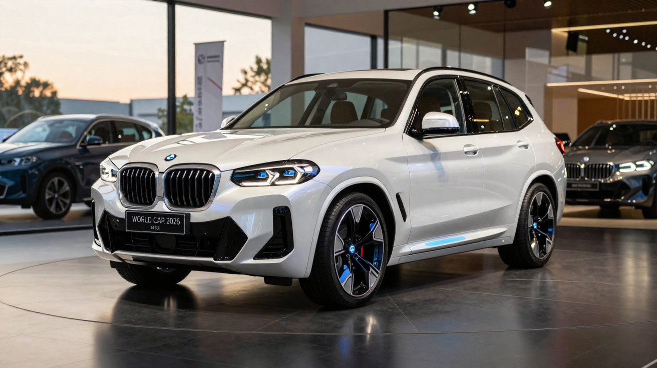 BMW SUV branco exposto numa sala de carros moderna com iluminação interior.