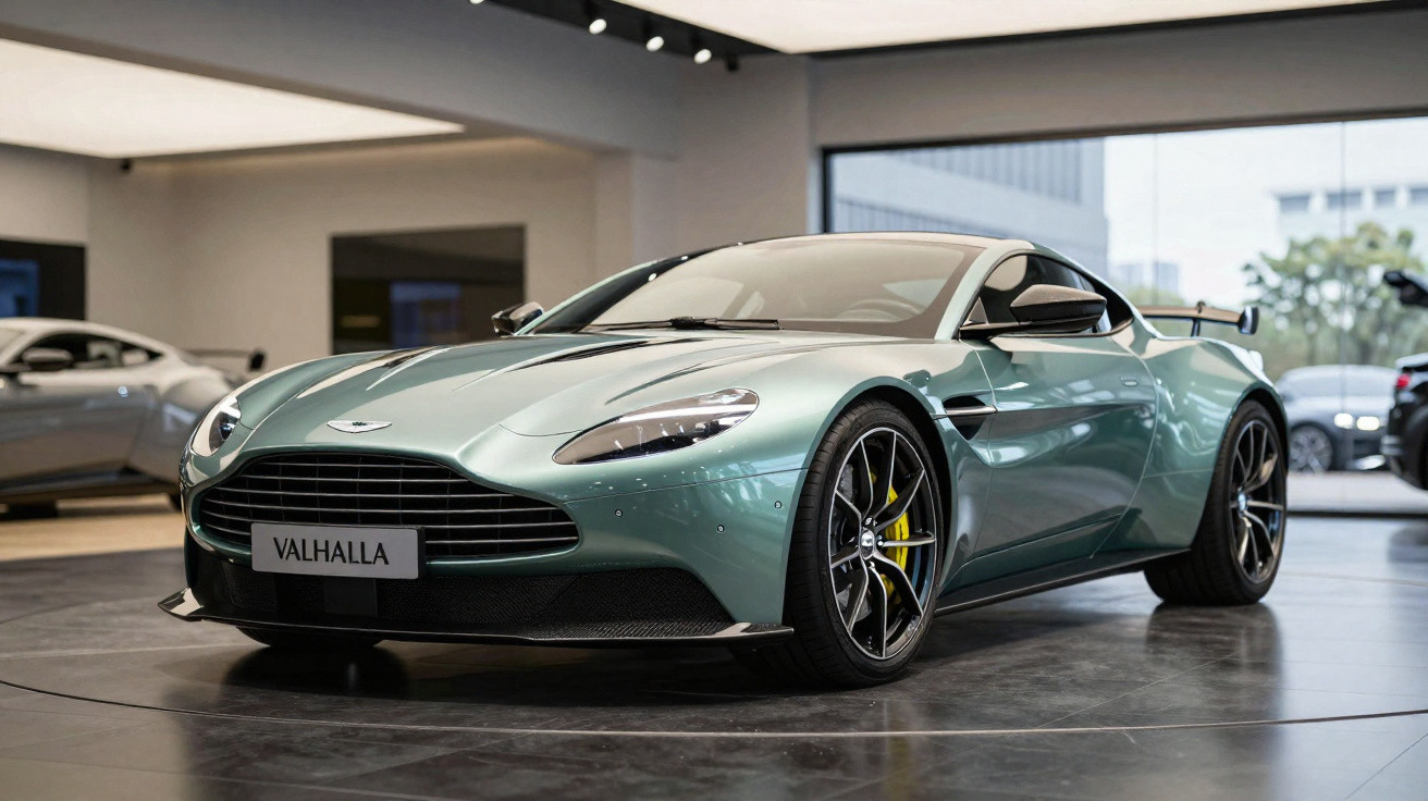 Carro desportivo Aston Martin Valhalla verde metálico exposto num showroom moderno com luz natural.