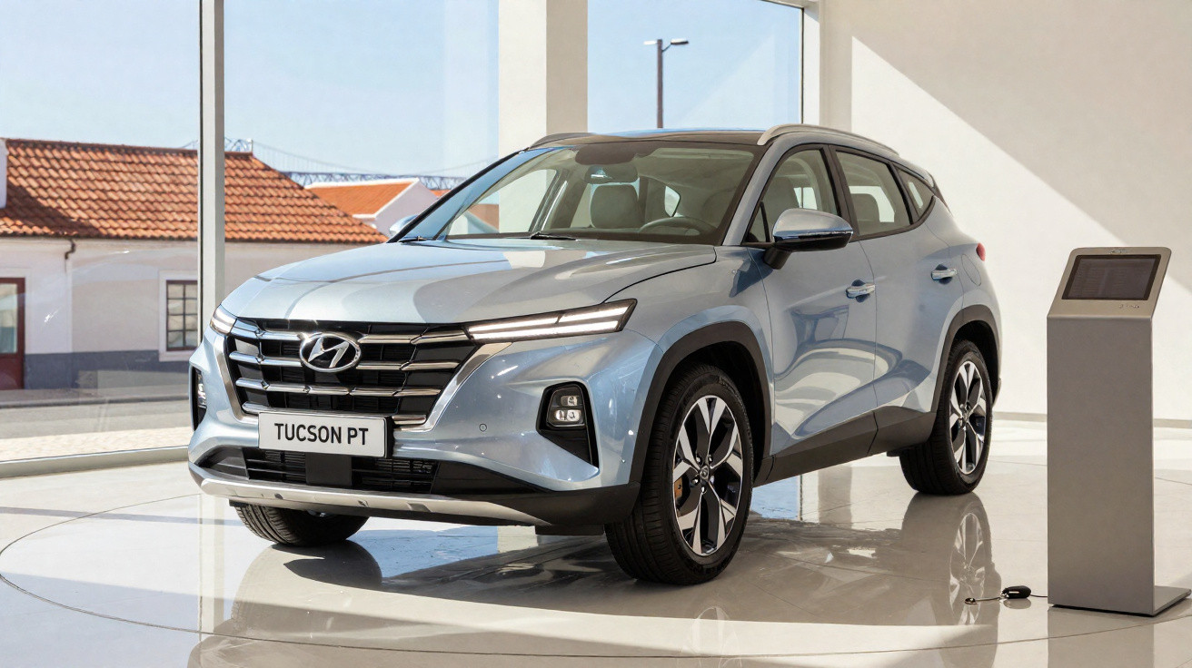 Carro Hyundai Tucson PT azul exposto em showroom moderno com vidros grandes e chão brilhante.