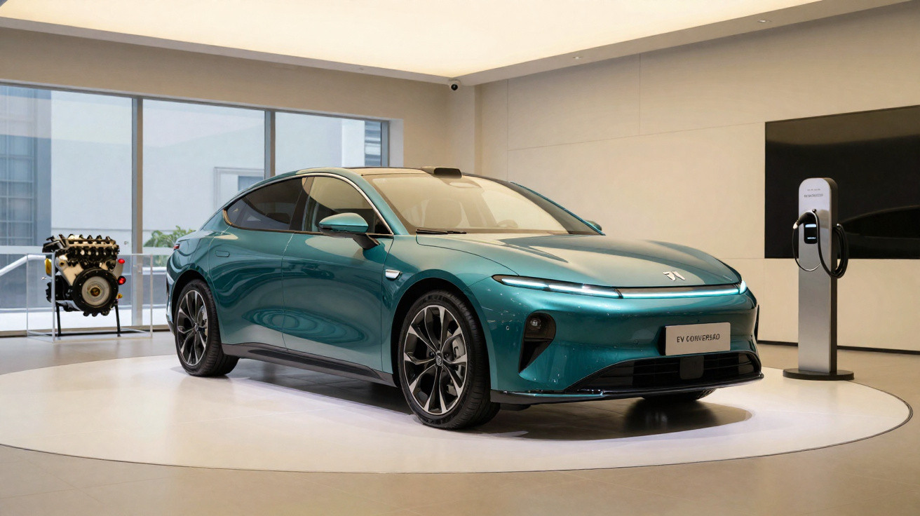 Carro elétrico azul exposto em sala moderna com estação de carregamento e motor exposto ao fundo.