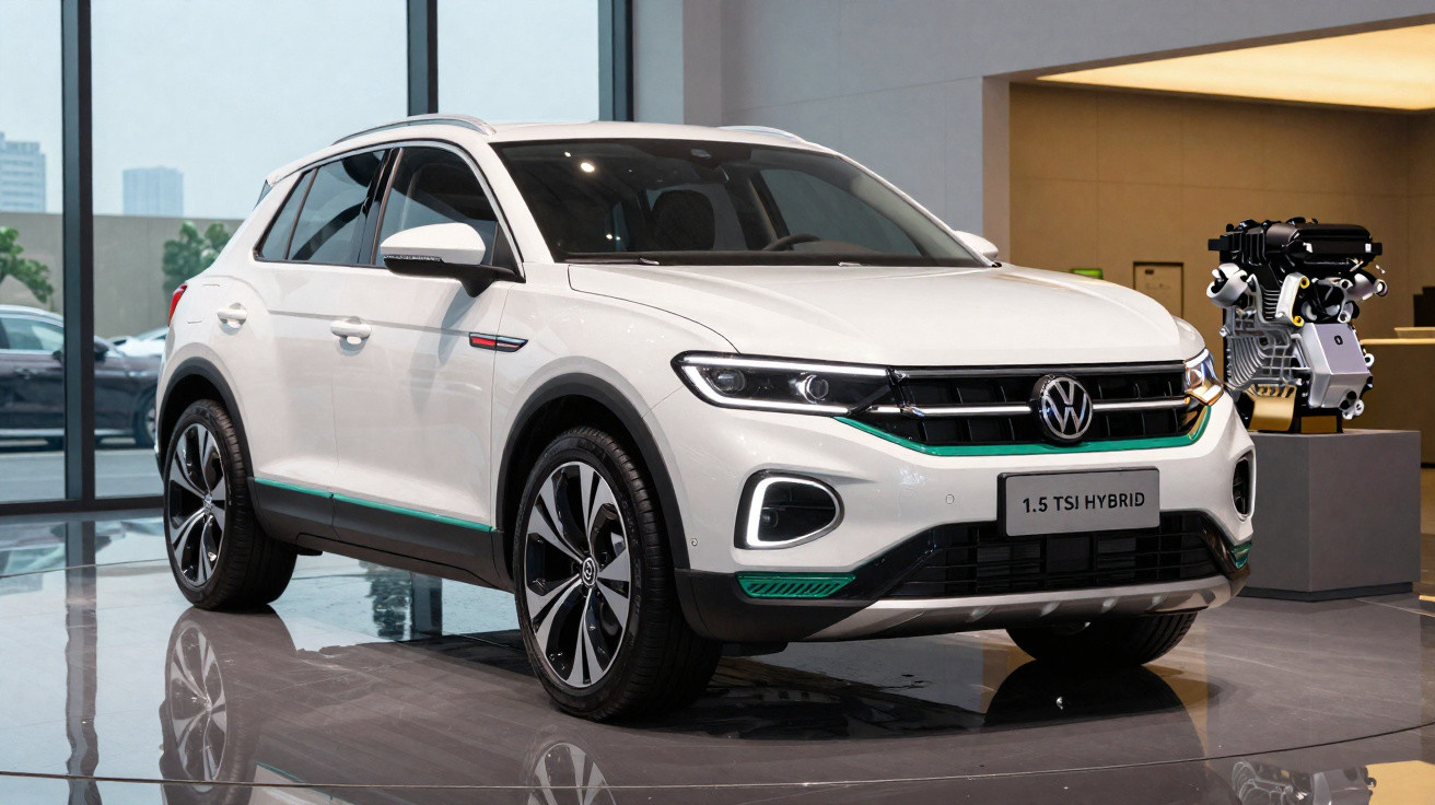 SUV branco Volkswagen 1.5 TSI Hybrid estacionado numa sala de exposições moderna.