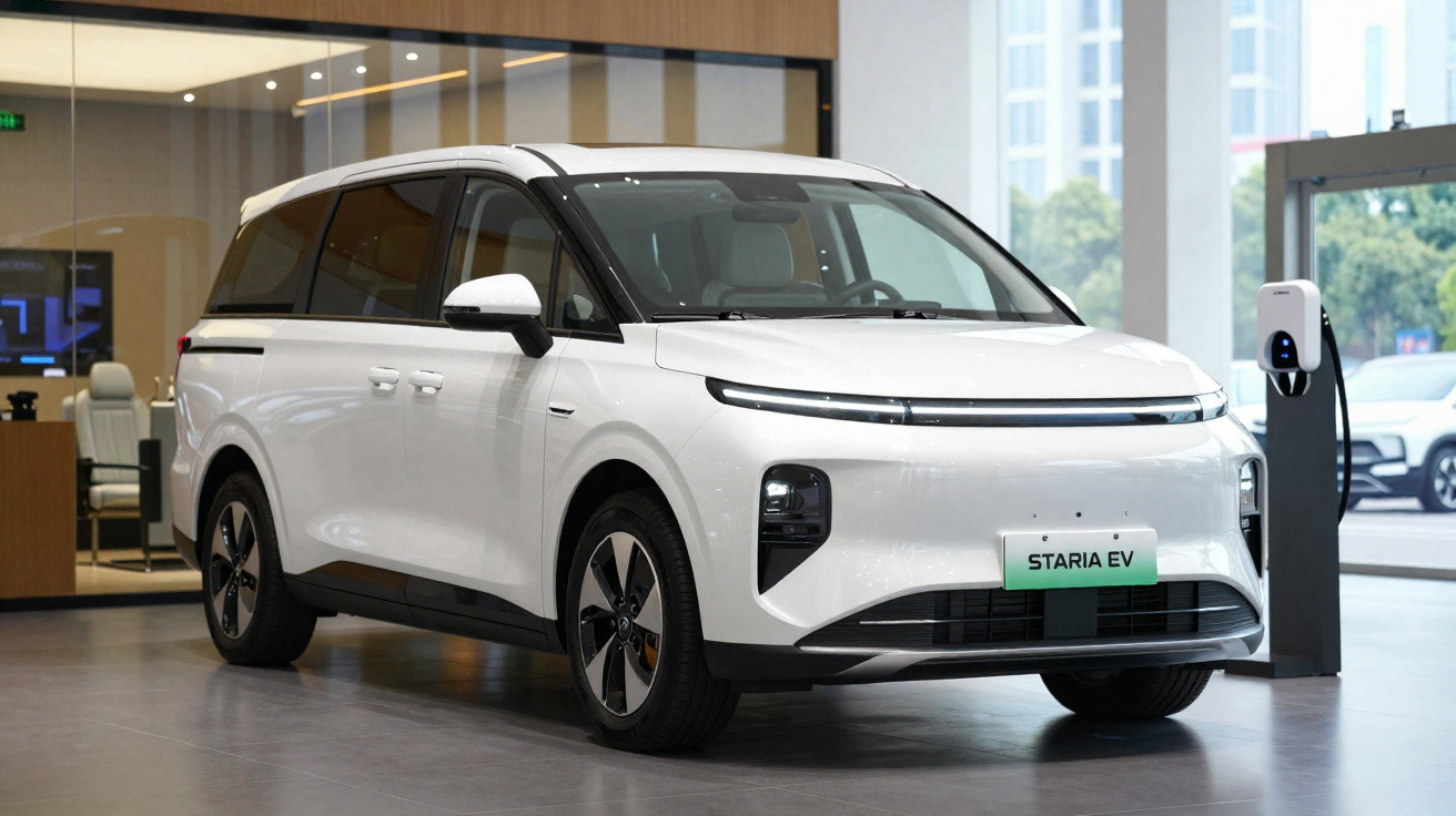 Carro elétrico branco Staria EV estacionado em showroom moderno com recarregador elétrico ao lado.