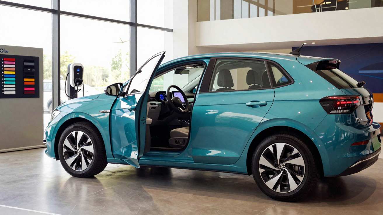 Carro elétrico azul com porta da frente aberta em exposição com estação de carregamento interior.
