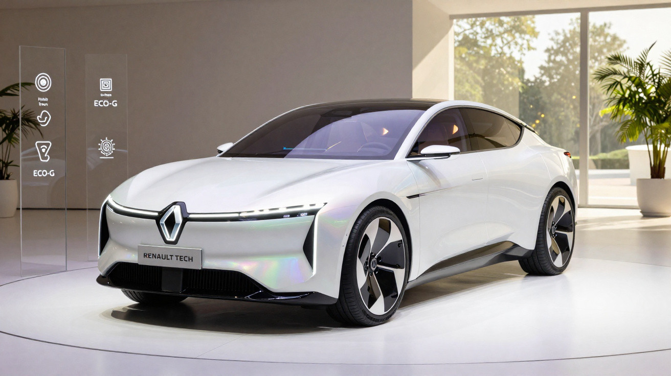 Carro elétrico moderno branco da Renault Tech exposto em ambiente minimalista e bem iluminado.