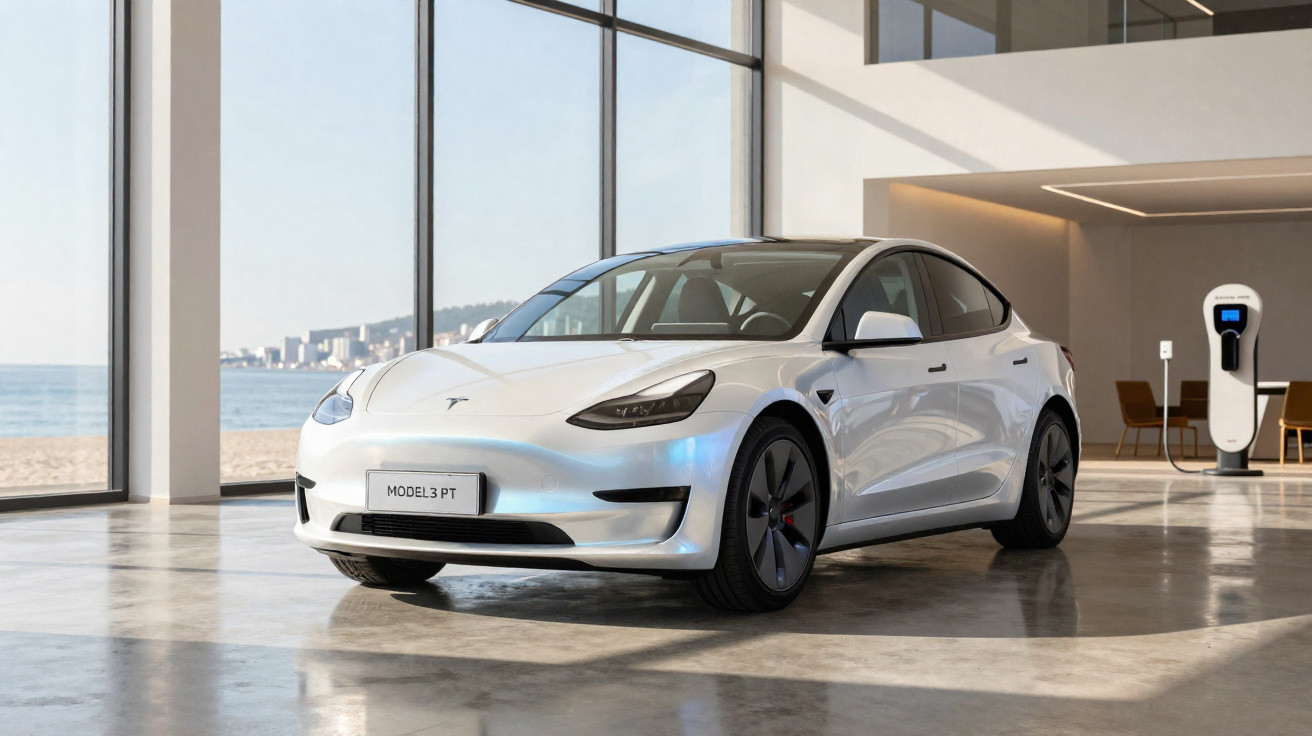 Carro elétrico Tesla Model 3 branco estacionado numa garagem moderna com vista para a praia.