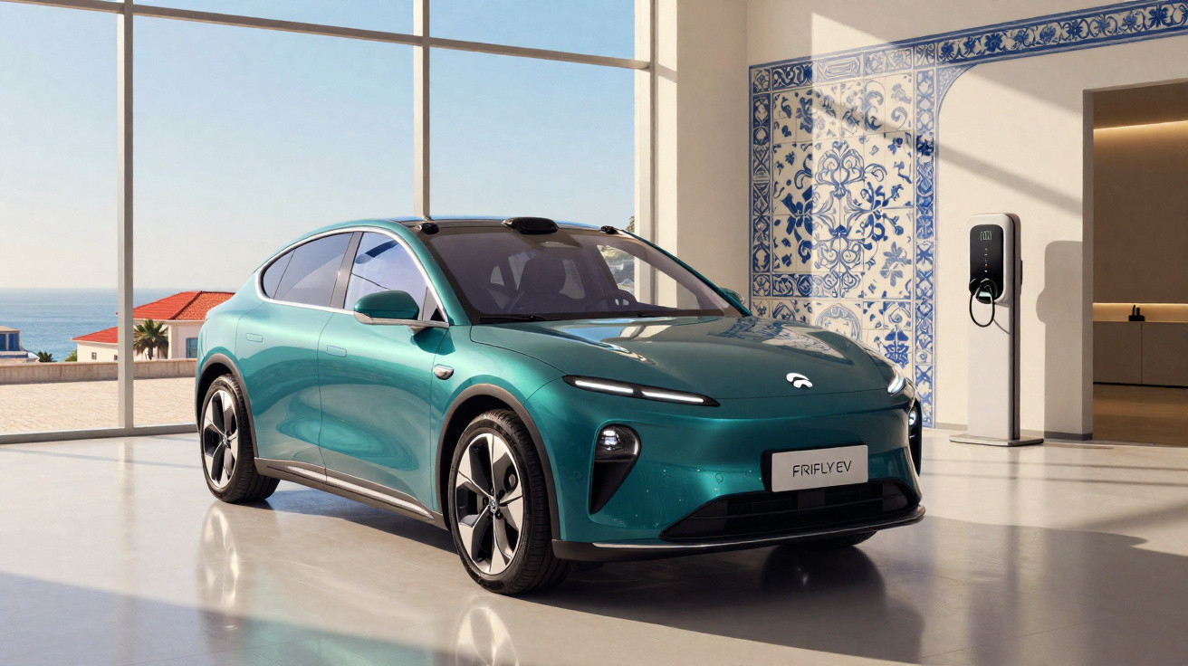 Carro elétrico verde estacionado numa sala moderna com grandes janelas e parede decorada com azulejos portugueses.
