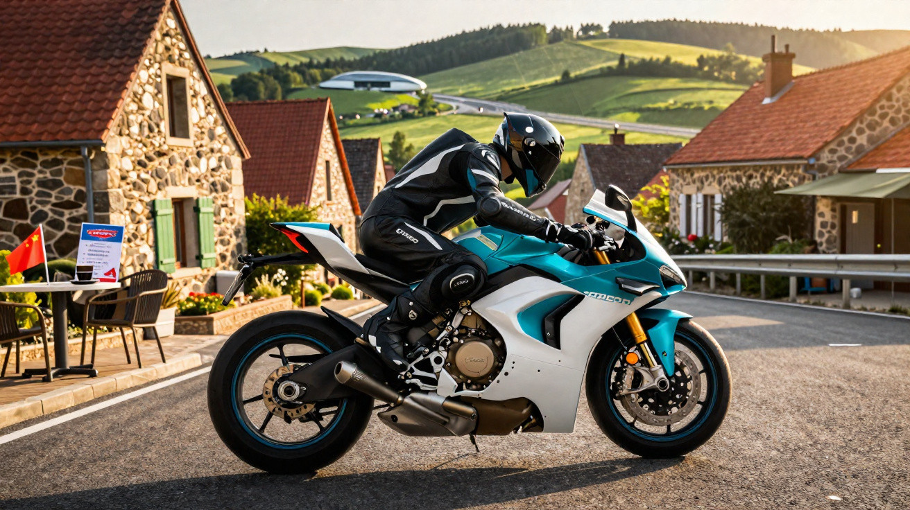 Motociclista com equipamento preto numa mota desportiva azul e branca numa vila com casas em pedra.