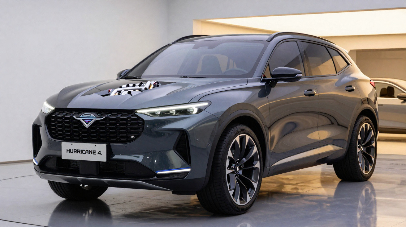 Automóvel SUV cinza escuro Hurricane 4 com desenho moderno exposto em interior minimalista.