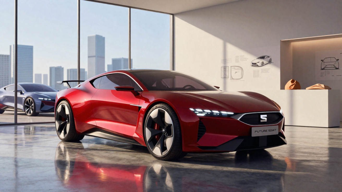 Carro desportivo vermelho elétrico SEAT Future em exposição num showroom moderno com vidro e vista urbana.