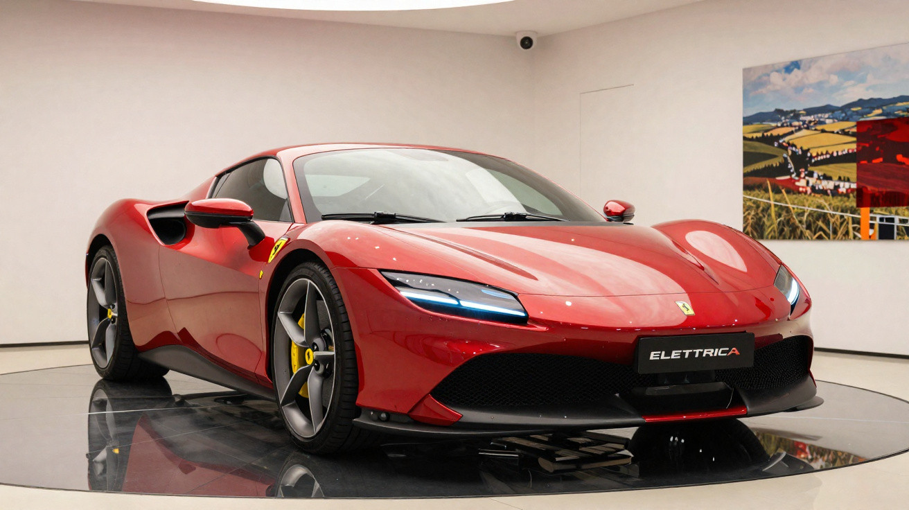 Carro desportivo vermelho Ferrari Elettrica em exposição, vista frontal numa sala branca com quadro na parede.