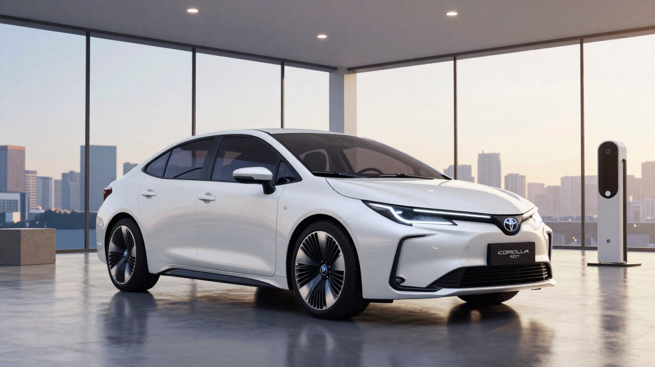 Carro elétrico Toyota Corolla branco estacionado em espaço interior moderno com janelas amplas e vista urbana ao fundo.