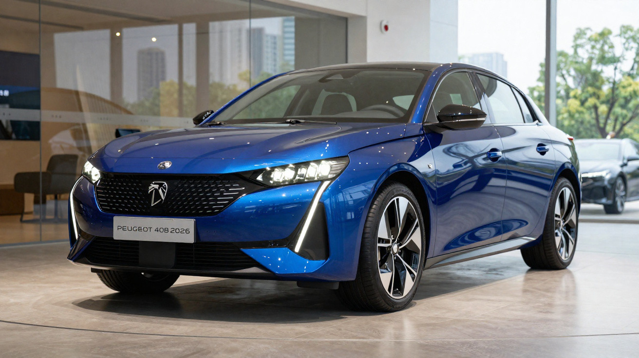 Peugeot 408 2026 azul exposto em showroom moderno com janelas amplas e luz natural.
