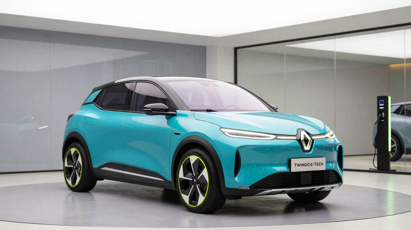 Renault Twingo E-Tech elétrico azul turquesa apresentado numa sala moderna e minimalista.