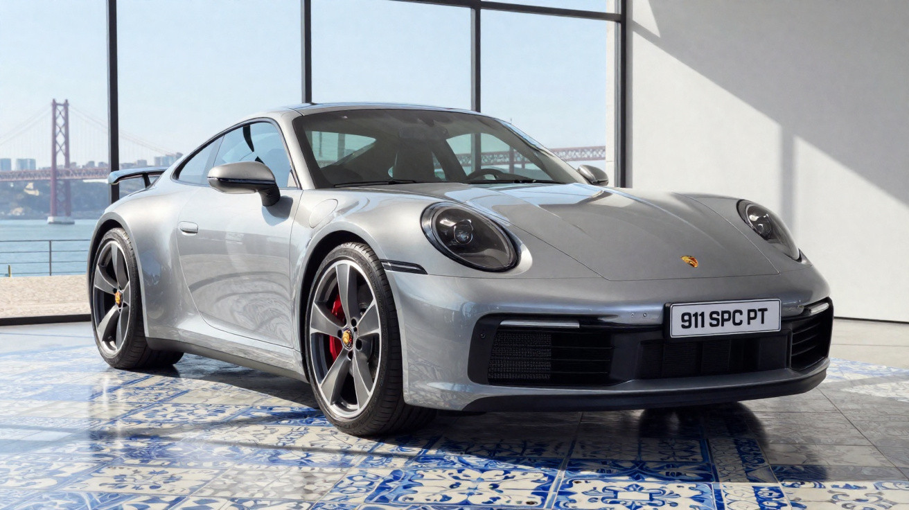 Carro desportivo Porsche 911 prata, estacionado em piso azulejado azul e branco, com vista para ponte e rio.