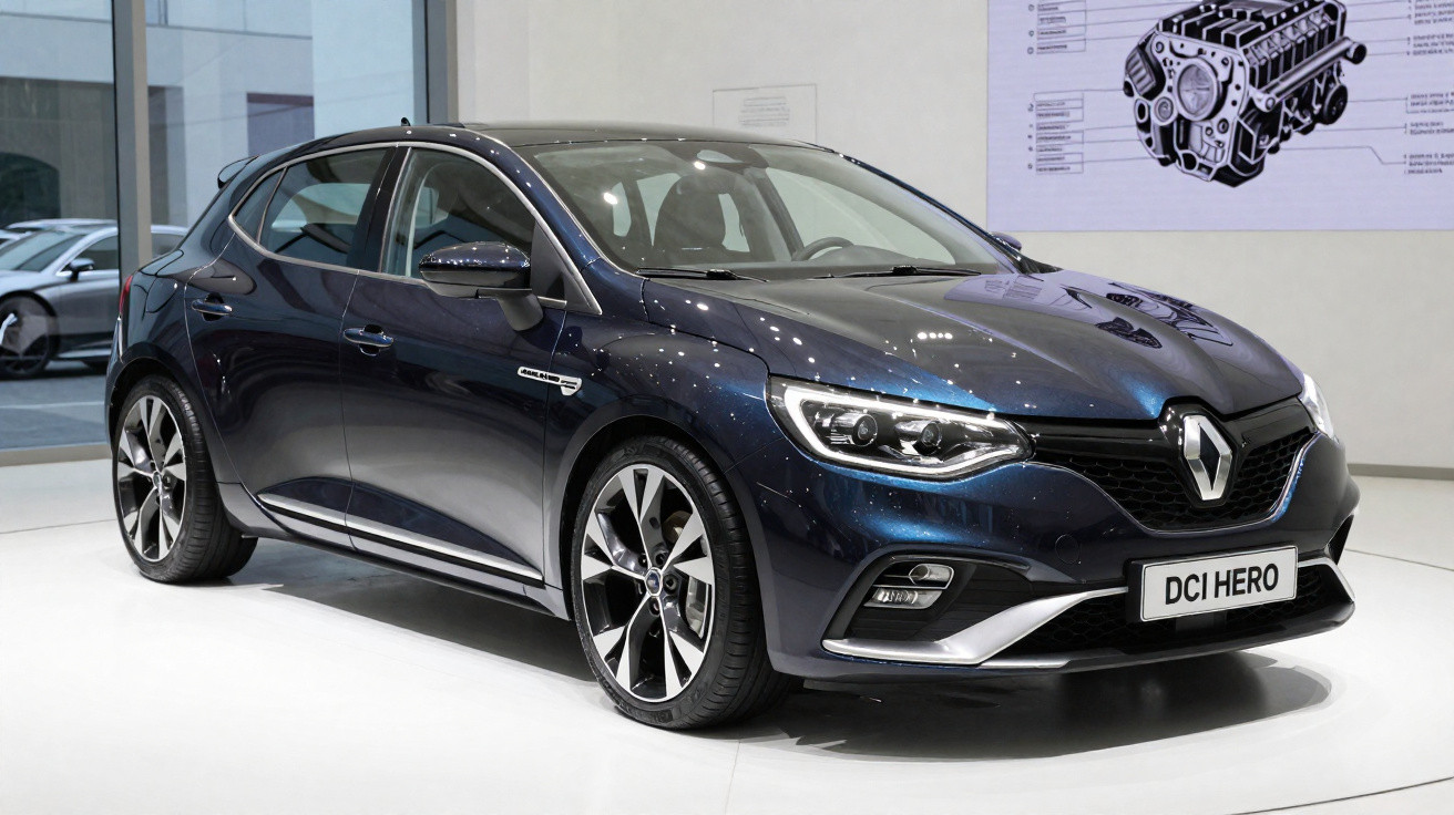 Carro compacto Renault azul escuro em exposição, modelo DCI Hero, destaque para faróis e jantes.