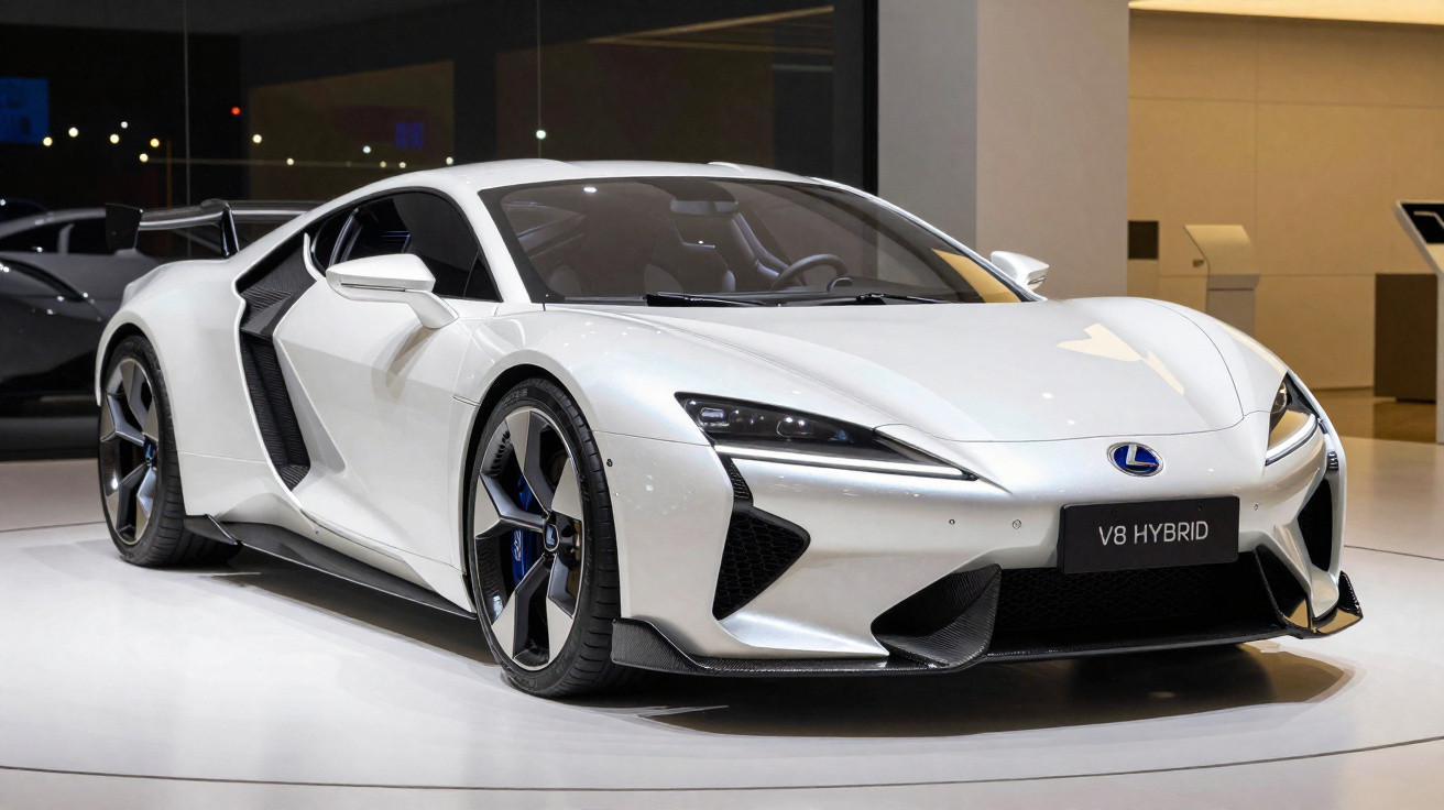 Carro desportivo híbrido Lexus V8 branco em exposição, com design aerodinâmico e detalhes em preto.