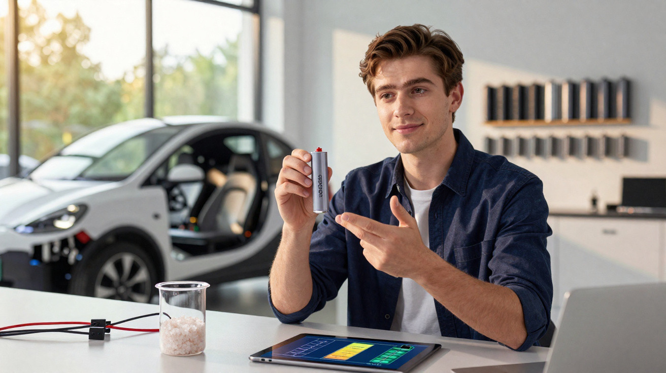 Homem jovem apresenta bateria recarregável em laboratório com carro elétrico ao fundo.