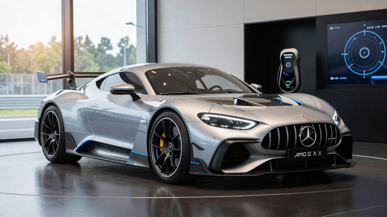Carro desportivo cinzento Mercedes AMG G XX estacionado em sala moderna com luz natural.