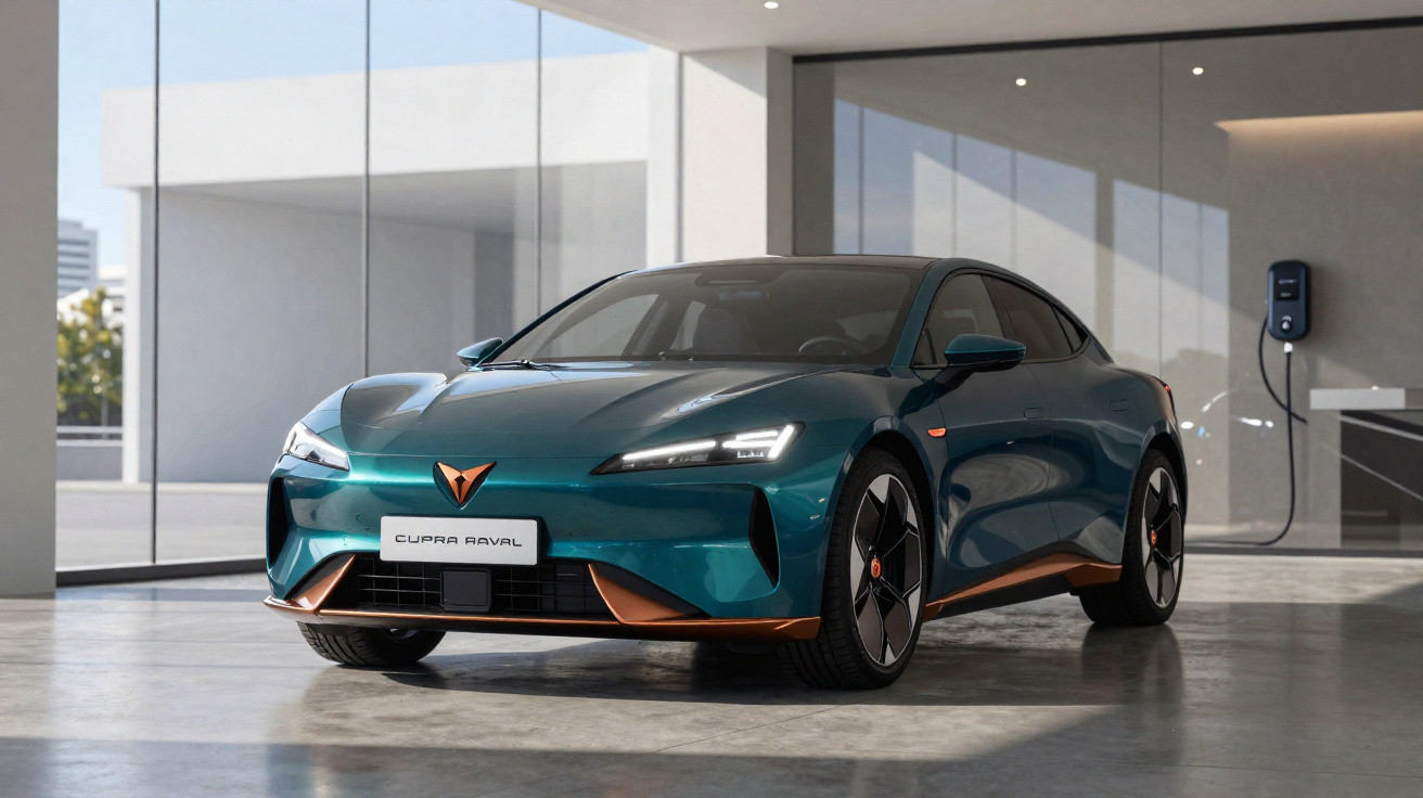 Carro elétrico verde Cupra Raval estacionado numa garagem moderna com carregador ligado à parede.