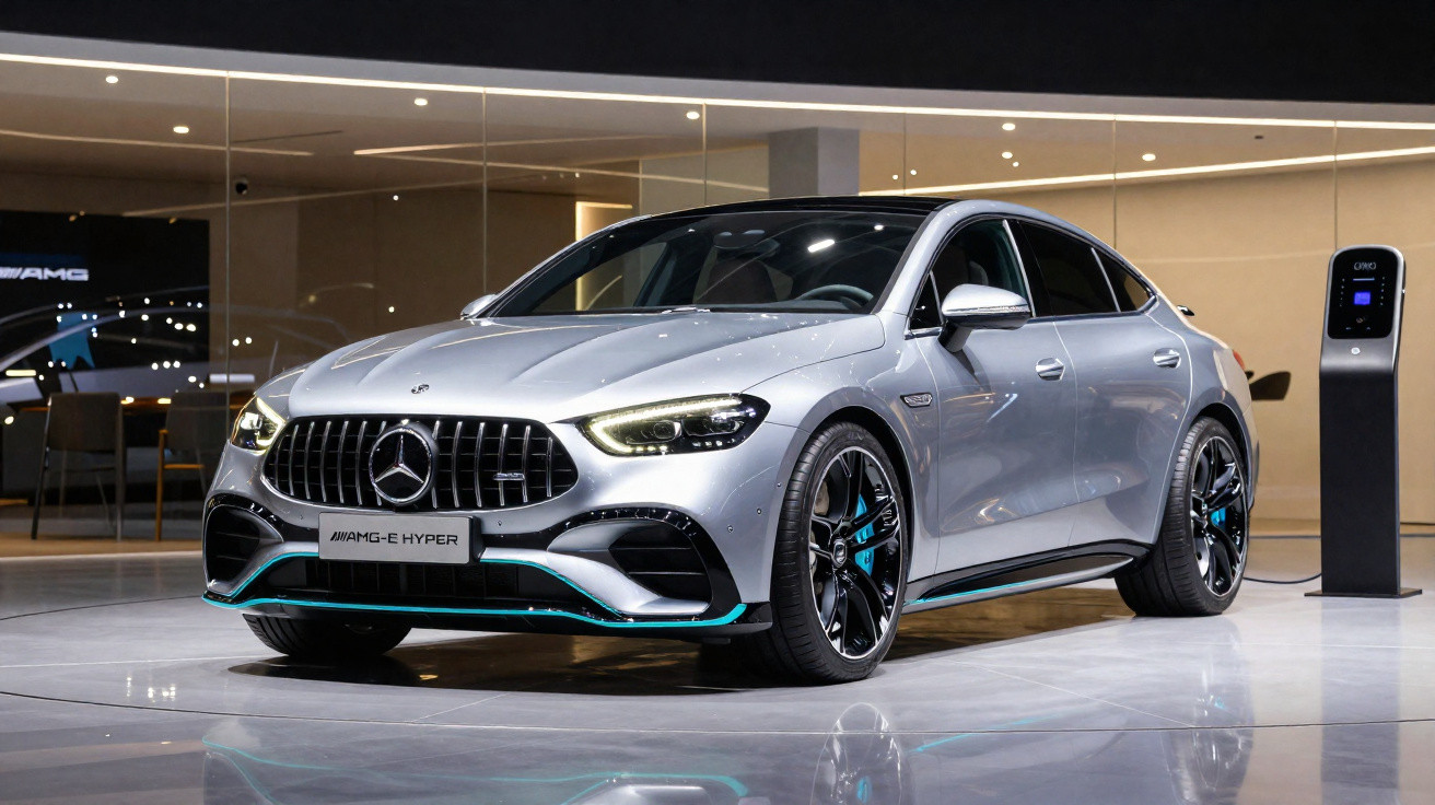 Automóvel Mercedes-AMG-E Hyper cinzento exposto em sala com estação de carregamento elétrica.