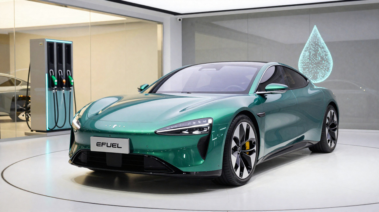 Carro desportivo elétrico verde EFUEL exibido num espaço moderno com bomba de carregamento ao fundo.
