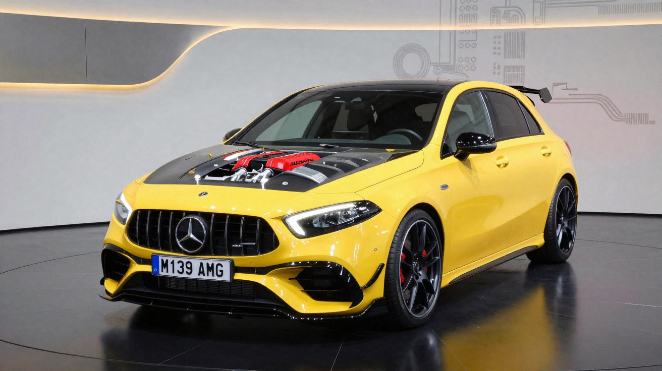 Carro desportivo AMG amarelo com motor exposto no capô, mostrado numa exposição moderna e minimalista.