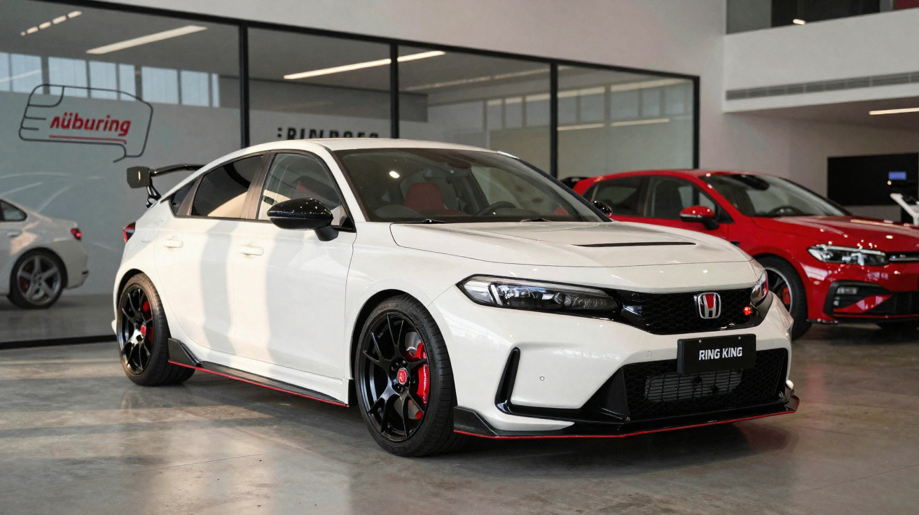Carro desportivo branco Honda Civic Type R numa garagem com rodas pretas e detalhes vermelhos.