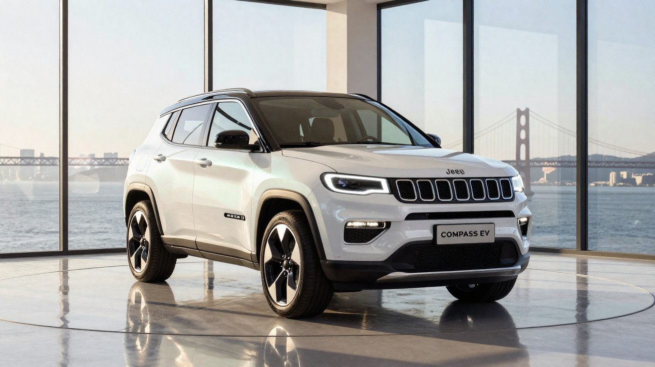 SUV elétrico Jeep Compass EV branco em showroom com grandes janelas e vista para ponte sobre água.
