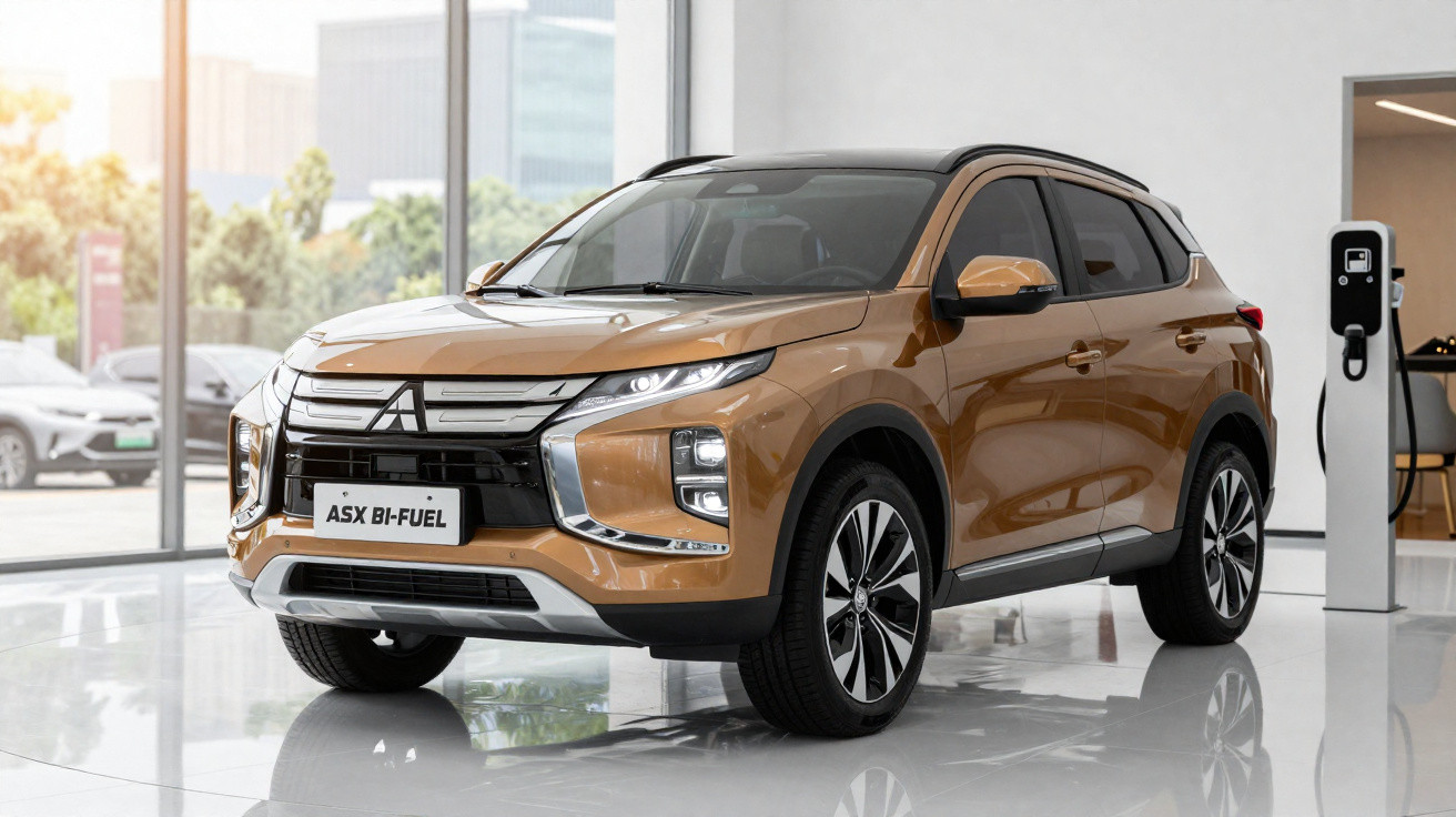 SUV Mitsubishi ASX Bi-Fuel castanho estacionado em showroom com carregador elétrico ao lado.