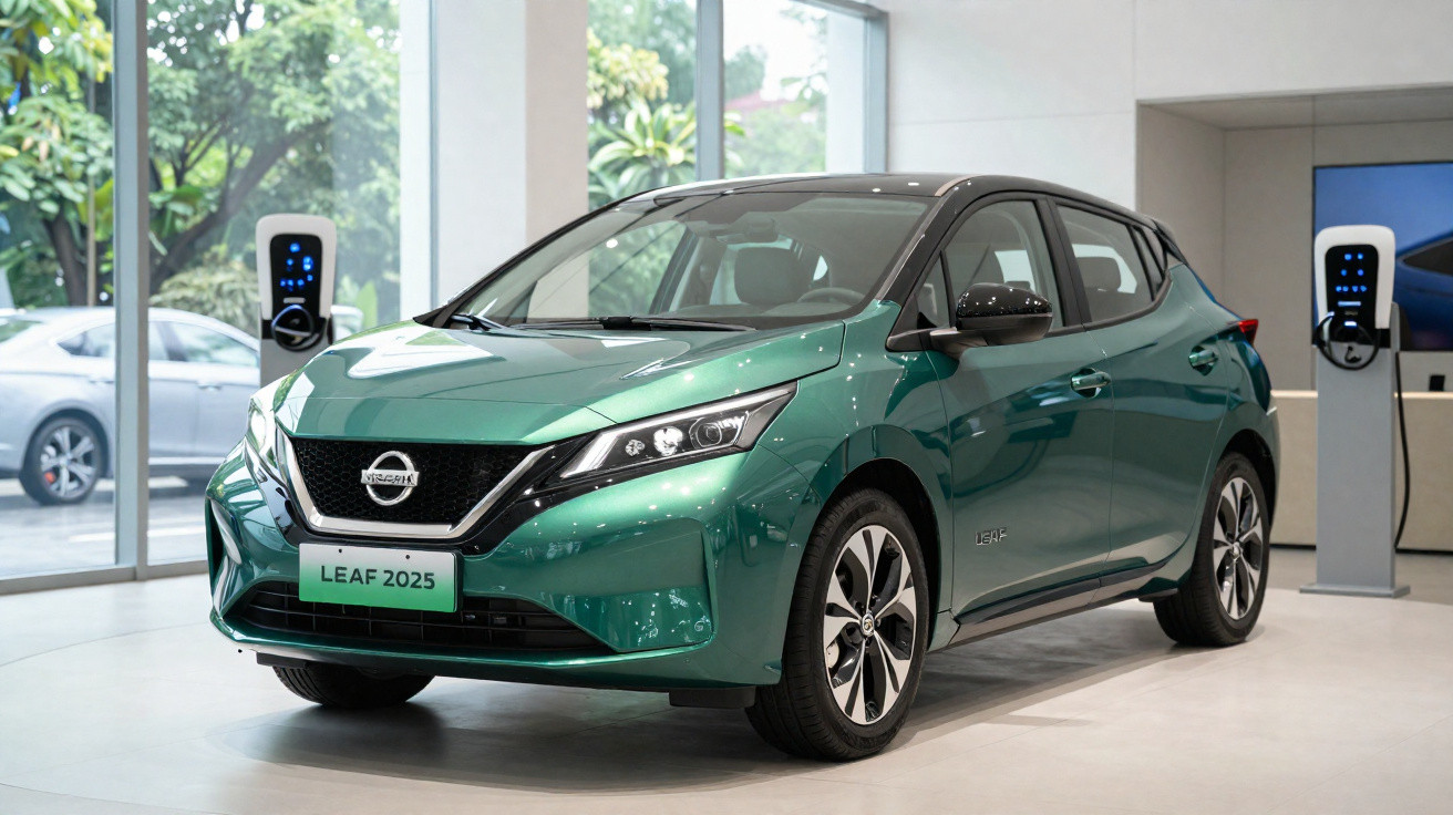 Carro elétrico Nissan Leaf 2025 verde exposto numa sala com postos de carregamento elétrico ao fundo.