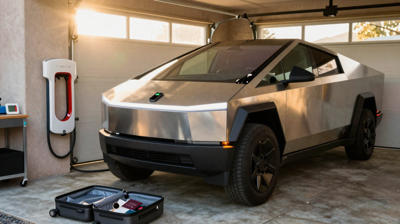 Veículo elétrico futurista a carregar numa garagem com mala aberta no chão e luz natural entrando pela janela.
