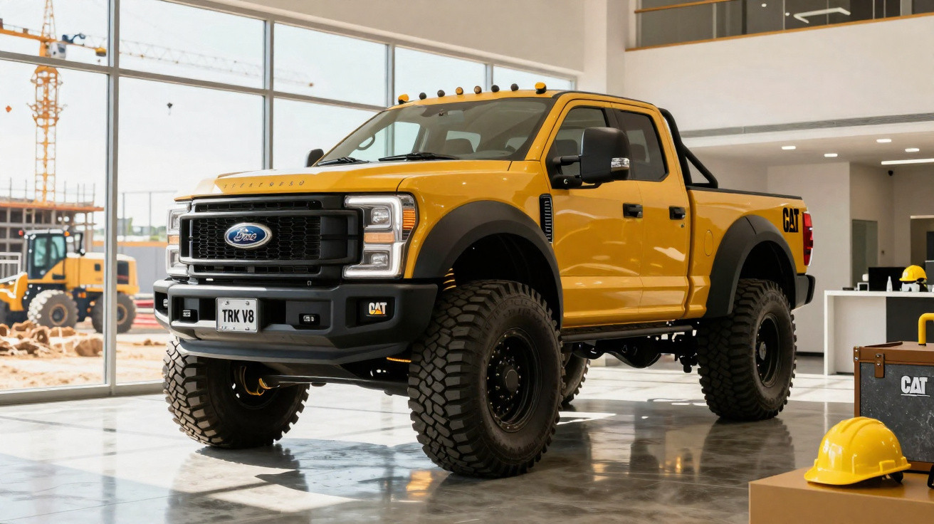 Camião pickup Ford amarelo estilo off-road exibido em showroom com capacete de segurança amarelo e caixa CAT.