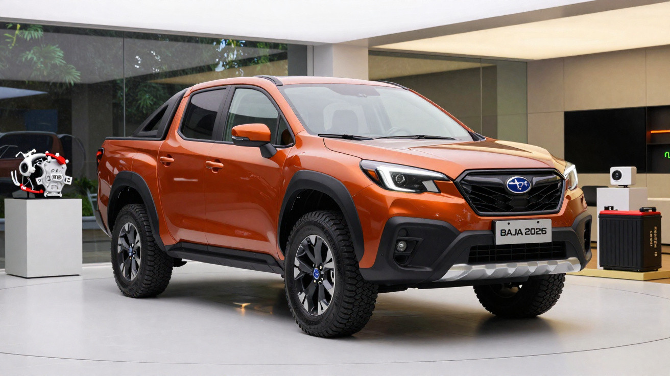 Picape Subaru Baja 2026 laranja exibida em showroom moderno com pneus off-road robustos.