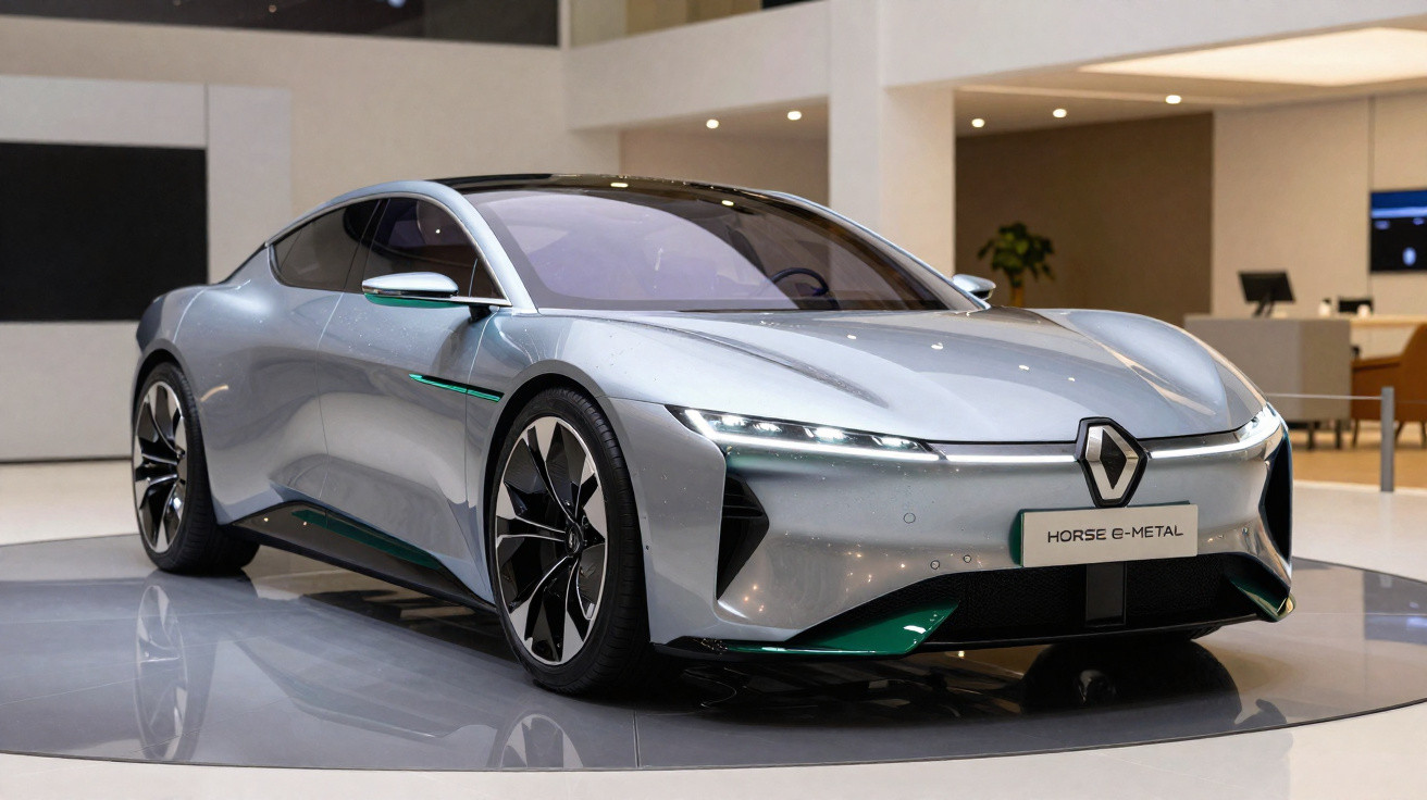 Carro elétrico desportivo Renault Horse e-Metal prateado exposto em plataforma num salão automóvel moderno.