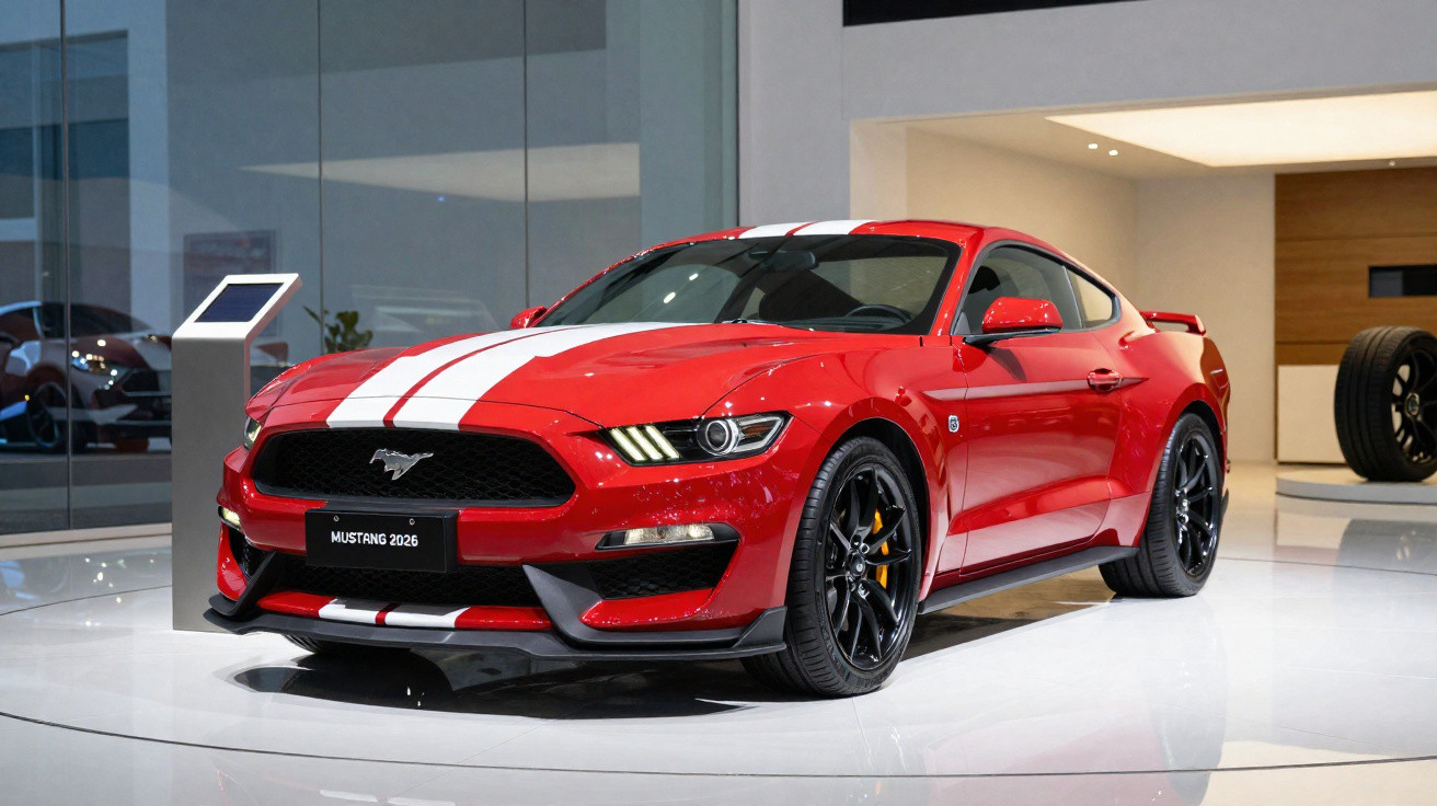 Ford Mustang 2026 vermelho com faixas brancas exibido em espaço moderno e luminoso.