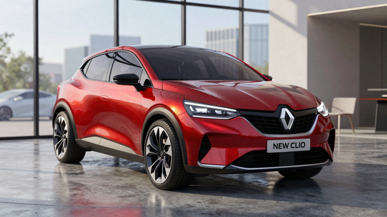 Renault New Clio vermelho brilhante estacionado em interior moderno com janelas amplas e cadeiras ao fundo.