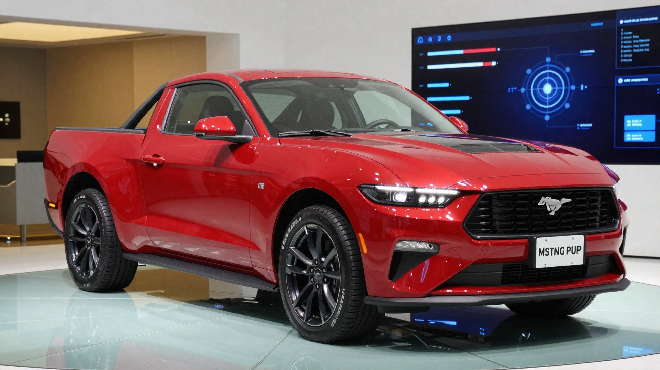 Picape desportiva Ford Mustang vermelha em exposição com rodas pretas e grelha frontal destacada.